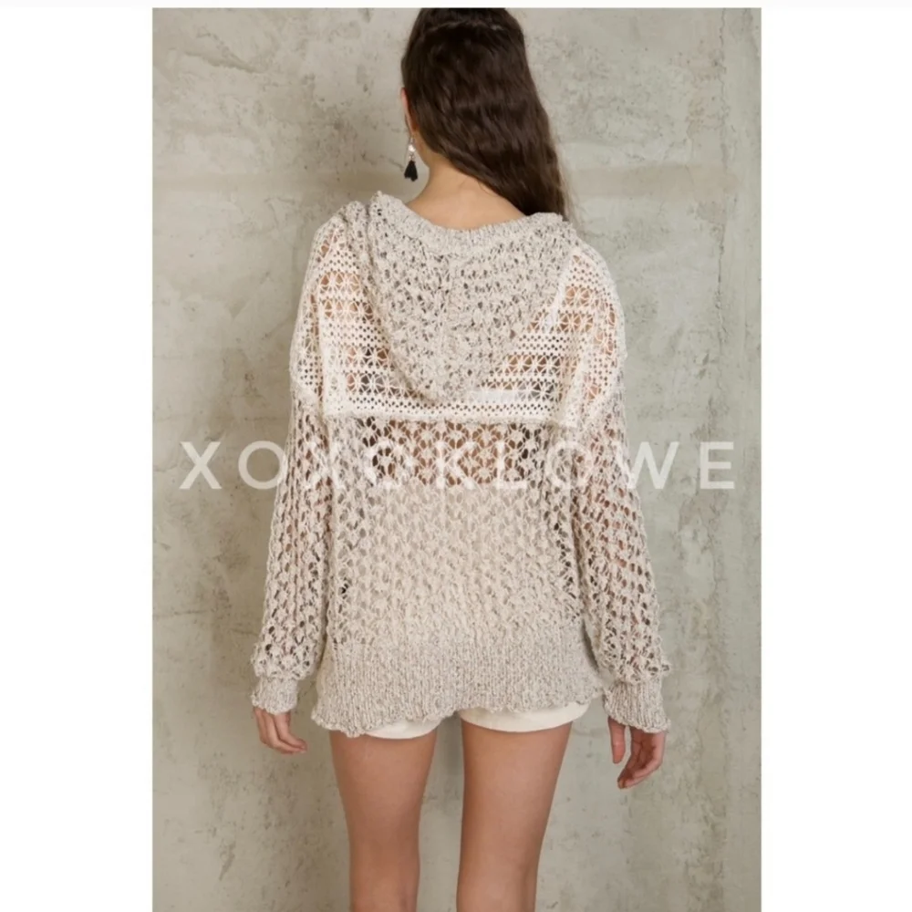 POL Long Sleeve Cream Color Crochet Knit Sweater With Hoodie